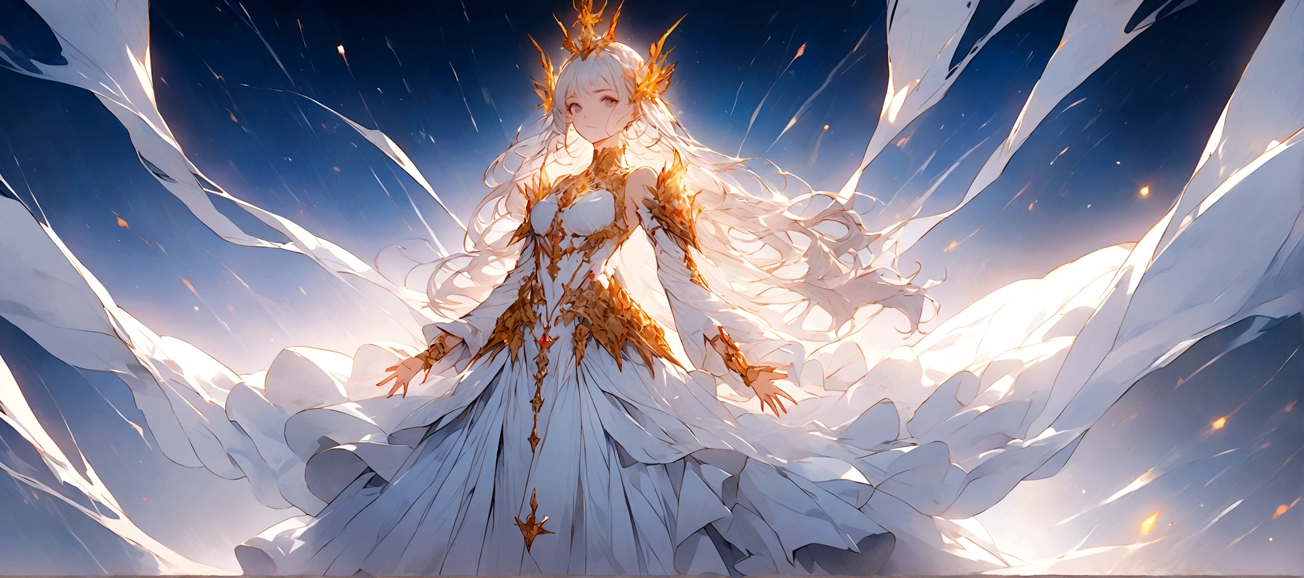 Picture a scene steeped in the depths of space science fiction warfare, where a female commander emerges as the embodiment of resilience and command. Her presence is striking, with white hair that cascades like a cosmic waterfall, tinged with a subtle shade of glowing blue, reminiscent of the distant nebulas. She stands boldly in the midst of an burned interstellar conflict to punish the wicked, her advanced space uniform pristine and decorated with the emblems of her esteemed position as a commander. The commander’s hat she wears is not just a piece of attire but a symbol of her earned authority. Clutched in her grasp is a mystical sword, its blade alight with an ethereal flame that whispers of ancient power and forgotten lore. As she raises the sword, it seems to resonate with the energy of the cosmos itself. Behind her, the theater of war is set against the breathtaking backdrop of a contact binary star system, its twin suns weaving a dance of light spark and gravity that illuminates the void. Their connection forges a radiant arc across the sky, a bridge between worlds and a beacon in the tumultuous dark. This image seeks to capture the commander’s indomitable spirit, the fierce beauty of her unique appearance, and the grandeur of the universe that serves as the stage for this epic saga