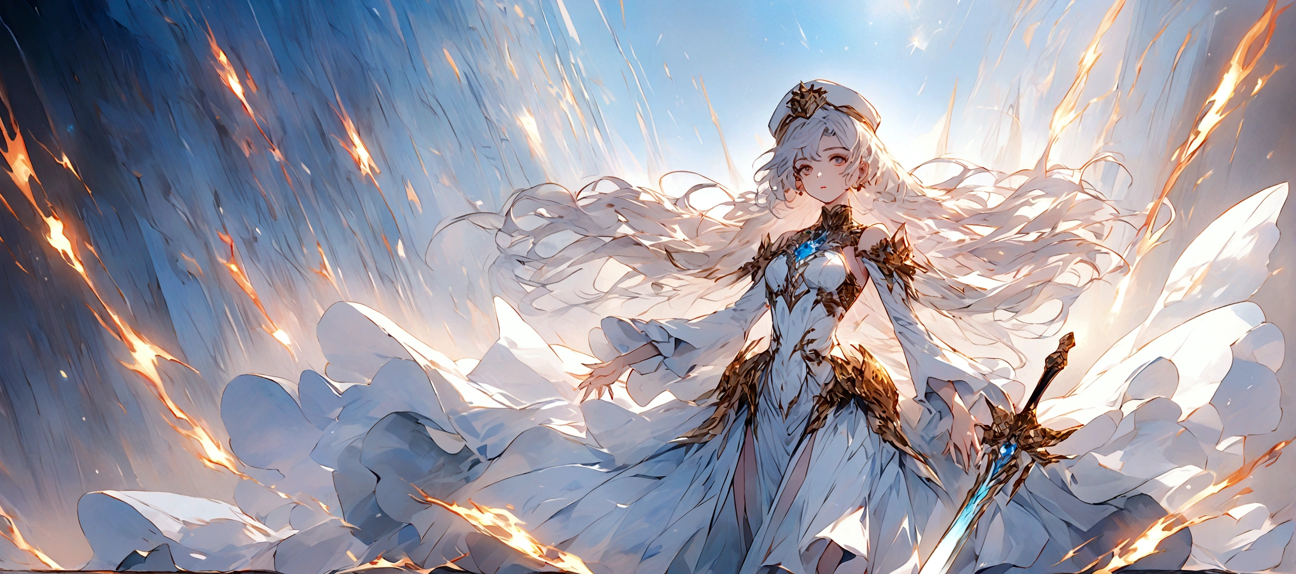 Picture a scene steeped in the depths of space science fiction warfare, where a female commander emerges as the embodiment of resilience and command. Her presence is striking, with white hair that cascades like a cosmic waterfall, tinged with a subtle shade of glowing blue, reminiscent of the distant nebulas. She stands boldly in the midst of an burned interstellar conflict to punish the wicked, her advanced space uniform pristine and decorated with the emblems of her esteemed position as a commander. The commander’s hat she wears is not just a piece of attire but a symbol of her earned authority. Clutched in her grasp is a mystical sword, its blade alight with an ethereal flame that whispers of ancient power and forgotten lore. As she raises the sword, it seems to resonate with the energy of the cosmos itself. Behind her, the theater of war is set against the breathtaking backdrop of a contact binary star system, its twin suns weaving a dance of light spark and gravity that illuminates the void. Their connection forges a radiant arc across the sky, a bridge between worlds and a beacon in the tumultuous dark. This image seeks to capture the commander’s indomitable spirit, the fierce beauty of her unique appearance, and the grandeur of the universe that serves as the stage for this epic saga
