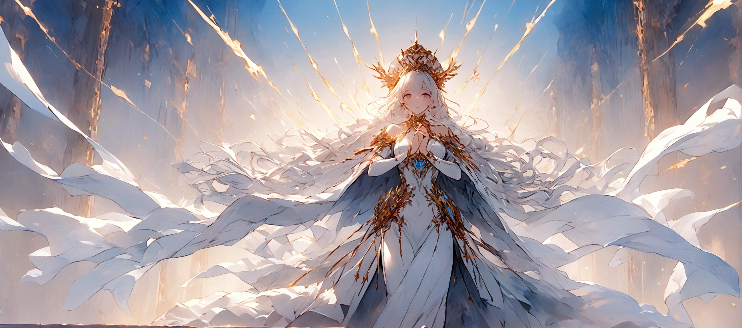 Picture a scene steeped in the depths of space science fiction warfare, where a female commander emerges as the embodiment of resilience and command. Her presence is striking, with white hair that cascades like a cosmic waterfall, tinged with a subtle shade of glowing blue, reminiscent of the distant nebulas. She stands boldly in the midst of an burned interstellar conflict to punish the wicked, her advanced space uniform pristine and decorated with the emblems of her esteemed position as a commander. The commander’s hat she wears is not just a piece of attire but a symbol of her earned authority. Clutched in her grasp is a mystical sword, its blade alight with an ethereal flame that whispers of ancient power and forgotten lore. As she raises the sword, it seems to resonate with the energy of the cosmos itself. Behind her, the theater of war is set against the breathtaking backdrop of a contact binary star system, its twin suns weaving a dance of light spark and gravity that illuminates the void. Their connection forges a radiant arc across the sky, a bridge between worlds and a beacon in the tumultuous dark. This image seeks to capture the commander’s indomitable spirit, the fierce beauty of her unique appearance, and the grandeur of the universe that serves as the stage for this epic saga