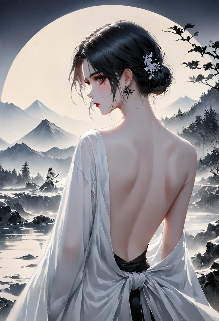 (Lots of white space:1.5)，(Lots of white space around:1.6), White background, simple, Minimalism, abstract,Freehand，Aesthetic，black and white，Ink Painting，antiquity，a mountain，一个远处的旗袍Back，(Back:1.7),A beautiful artistic illustration, author：Li Song, Arte no estilo de Guweiz, arte shin jinyoung, Obra-prima de Guweiz, Ross chart 1. 0, Beautiful digital illustrations, Inspired by non-WLOP, Cute and cute digital art, jingna zhang, Guweiz, Stunning digital illustrations