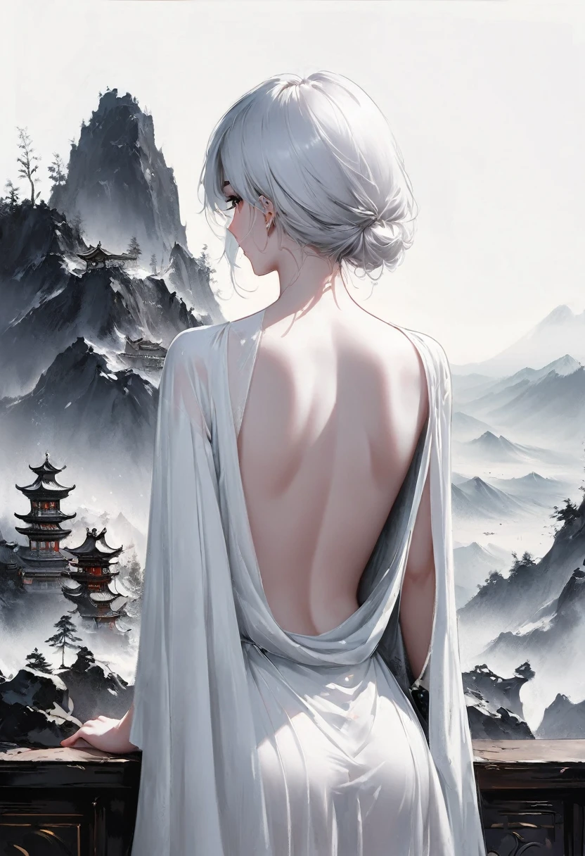 (Lots of white space:1.5)，(Lots of white space around:1.6), White background, simple, Minimalism, abstract,Freehand，Aesthetic，black and white，Ink Painting，antiquity，a mountain，一个远处的Back，(Back:1.7),A beautiful artistic illustration, author：Li Song, Arte no estilo de guweiz, arte shin jinyoung, Obra-prima de guweiz, Ross chart 1. 0, Beautiful digital illustrations, Inspired by non-WLOP, Cute and cute digital art, jingna zhang, guweiz, Stunning digital illustrations