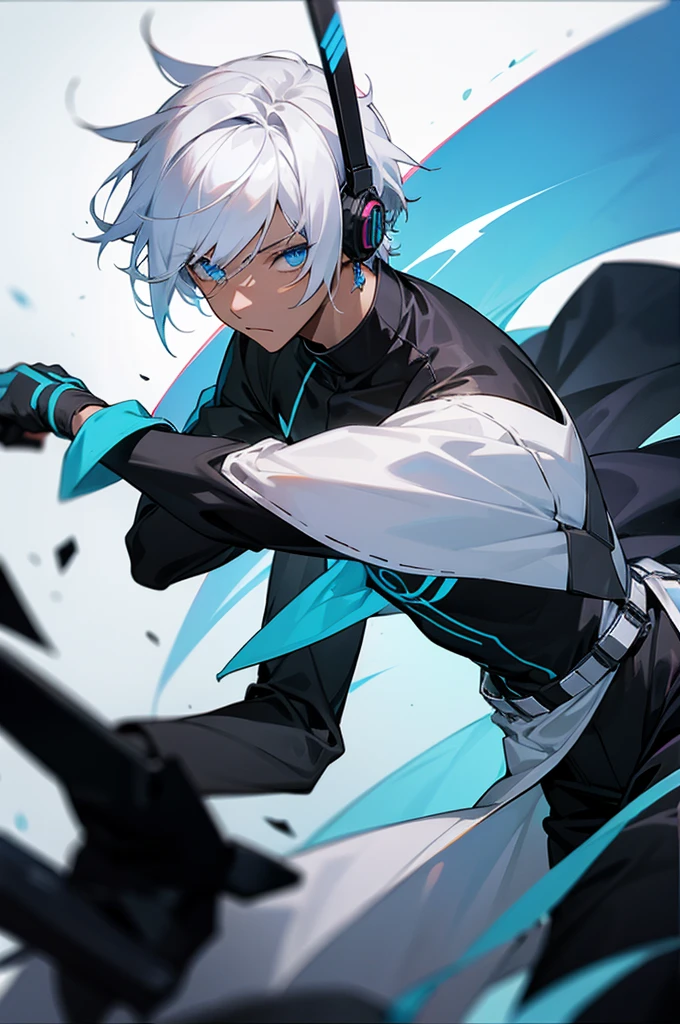 Young adult, Male, white hair, blue Eyes, African American skin color, black jumpsuit, headphones, Trion Body, Sword.