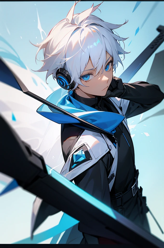 Young adult, Male, white hair, blue Eyes, African American skin color, black jumpsuit, headphones, Trion Body, Sword.