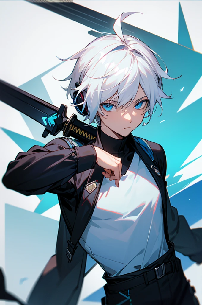 Young adult, Male, white hair, blue Eyes, African American skin color, black jumpsuit, headphones, Trion Body, Sword.