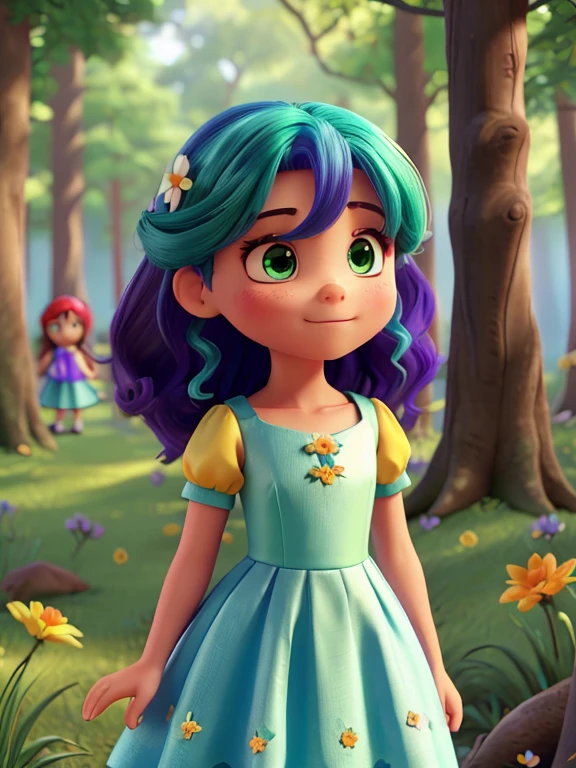 5 emocioncitas 1 de color verde su vestido y pelo, d color azul su vestido y pelo, e color rojo su vestido y pelo, a purple petal for her dress and hair, and a yellow petal for her dress and hair in a magical forest
