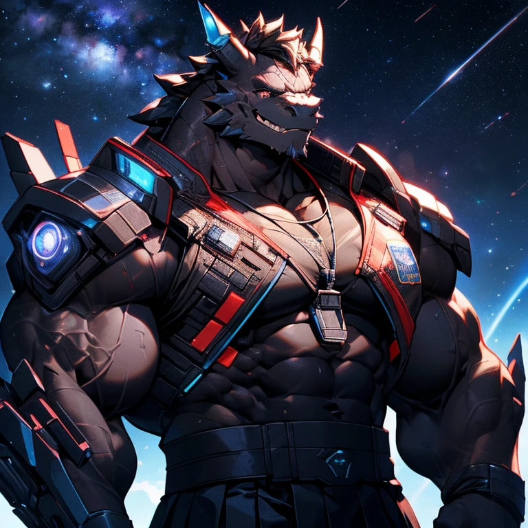 muscular black dragon, pectoralis major, Heavyweight, Bodybuilder figure, Wearing cyberpunk mechs, skirt, Large lumps, Gaze at the Milky Way from a spacecraft, In the Universe, Big smile emoji, Shiny skin, Vibrant colors, 4k, realism, Cool lighting