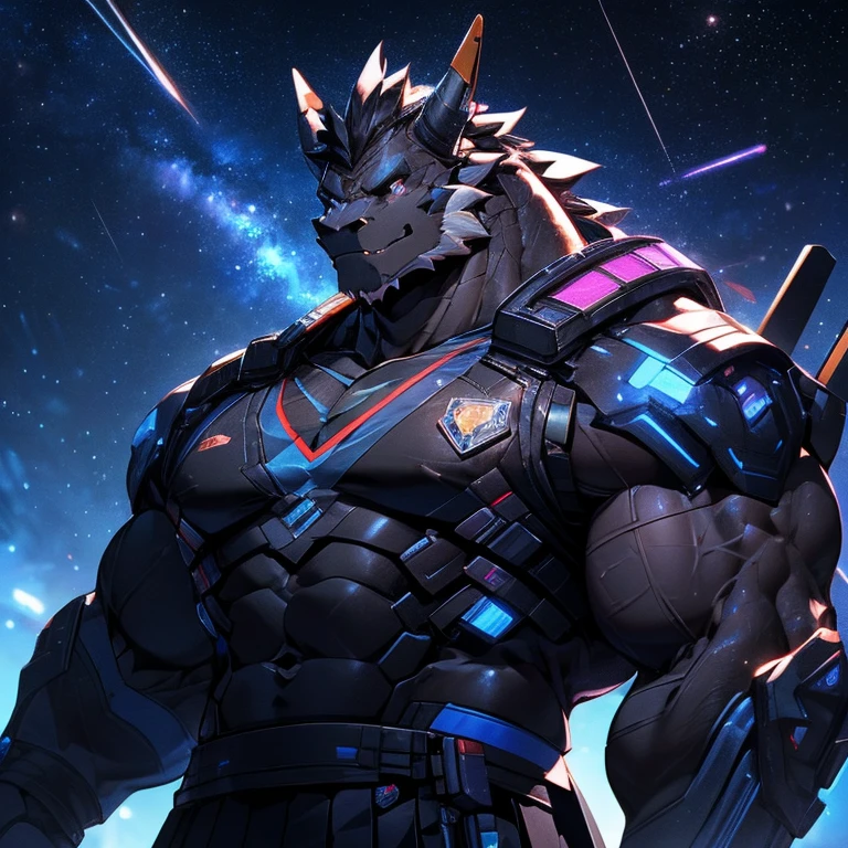 muscular black dragon, pectoralis major, Heavyweight, Bodybuilder figure, Wearing cyberpunk mechs, skirt, Large lumps, Gaze at the Milky Way from a spacecraft, In the Universe, Big smile emoji, Shiny skin, Vibrant colors, 4k, realism, Cool lighting