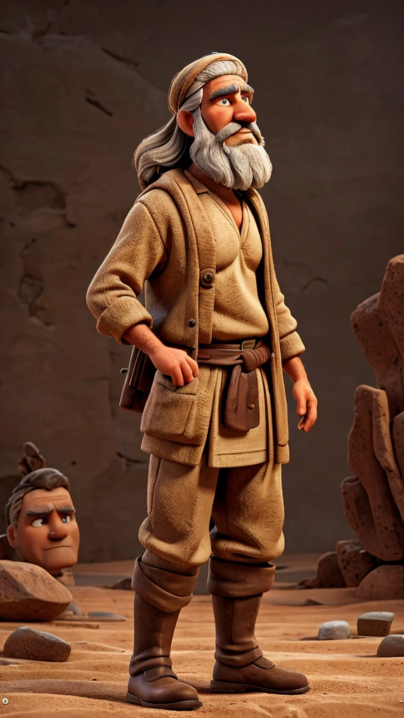 Characters: Job, Description: a robust-looking man of 49 years young from hard work, lamenting his fate, Era: ancient biblical times, Clothing: traditional Middle Eastern attire, Location: a desolate landscape, Action: looking up to the heavens, seeking answers, Background: empty and barren surroundings, Shot type: medium shot, Style: hyper-realistic, photo realism, cinematography --