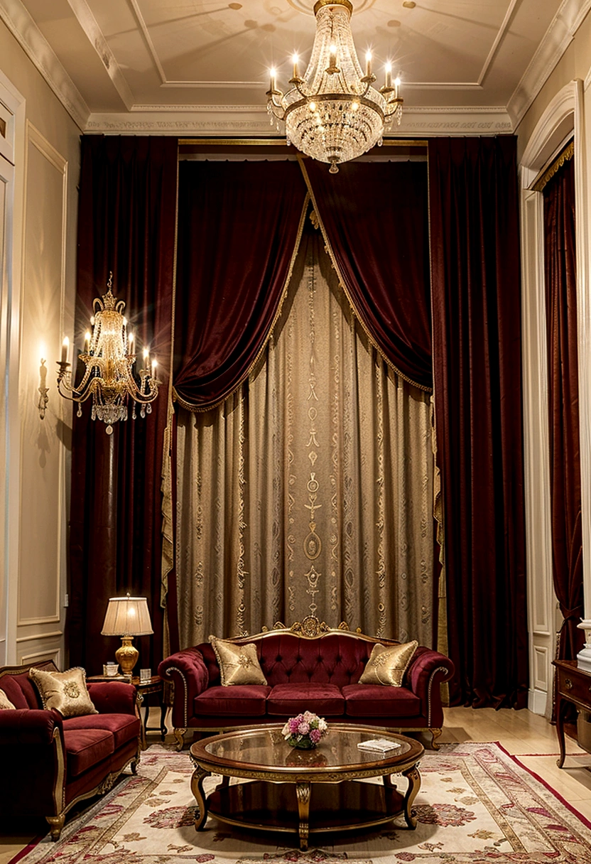 The image is of a luxurious living room with a stunning view of the city skyline. The room is decorated in a rich purple and gold color scheme, with plush velvet furniture and intricate gold accents. The centerpiece of the room is a large crystal chandelier, which hangs from the high ceiling and casts a warm glow over the space. The windows offer breathtaking views of the cityscape, which are framed by floor-to-ceiling curtains. The room is filled with luxurious details, such as a plush purple rug, a coffee table with gold accents, and a variety of decorative objects. The overall effect is one of opulence and refinement, making this a truly enviable living space.