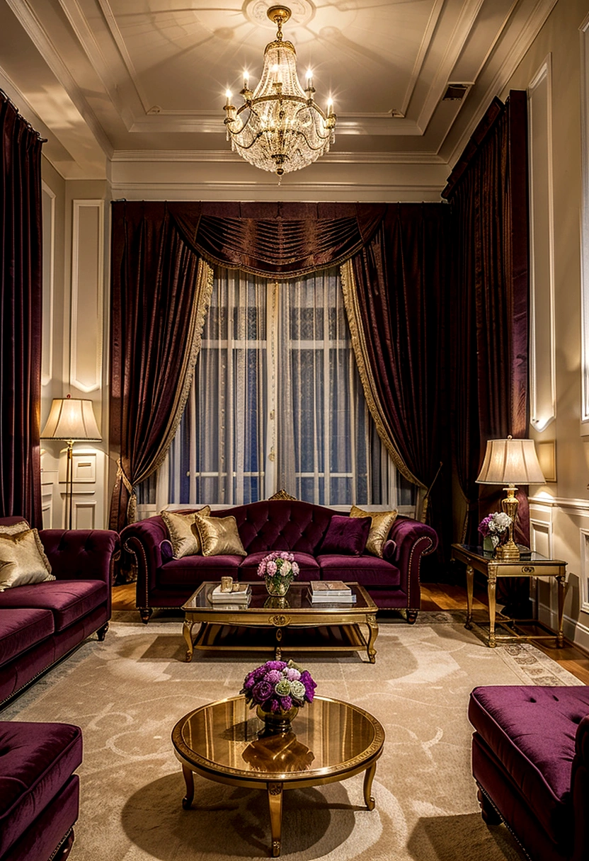 The image is of a luxurious living room with a stunning view of the city skyline. The room is decorated in a rich purple and gold color scheme, with plush velvet furniture and intricate gold accents. The centerpiece of the room is a large crystal chandelier, which hangs from the high ceiling and casts a warm glow over the space. The windows offer breathtaking views of the cityscape, which are framed by floor-to-ceiling curtains. The room is filled with luxurious details, such as a plush purple rug, a coffee table with gold accents, and a variety of decorative objects. The overall effect is one of opulence and refinement, making this a truly enviable living space.