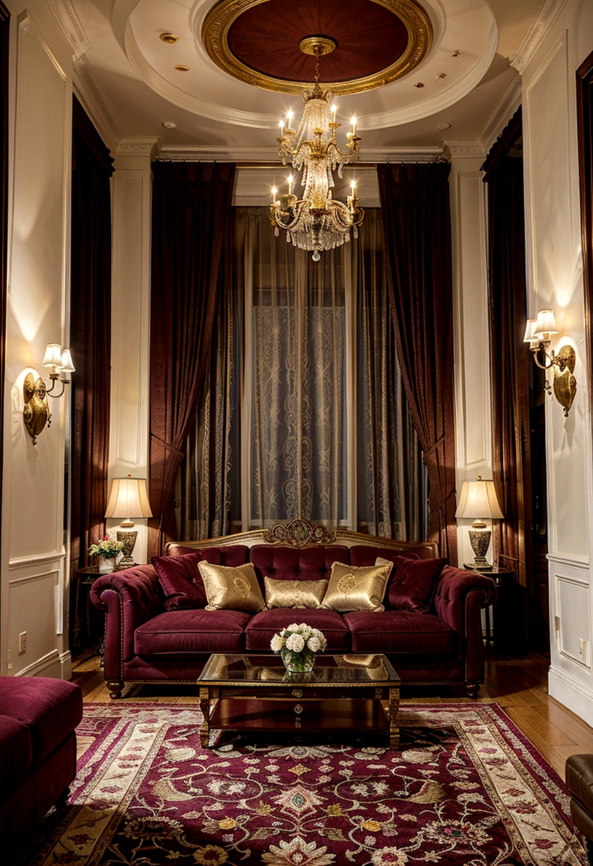 The image is of a luxurious living room with a stunning view of the city skyline. The room is decorated in a rich purple and gold color scheme, with plush velvet furniture and intricate gold accents. The centerpiece of the room is a large crystal chandelier, which hangs from the high ceiling and casts a warm glow over the space. The windows offer breathtaking views of the cityscape, which are framed by floor-to-ceiling curtains. The room is filled with luxurious details, such as a plush purple rug, a coffee table with gold accents, and a variety of decorative objects. The overall effect is one of opulence and refinement, making this a truly enviable living space.