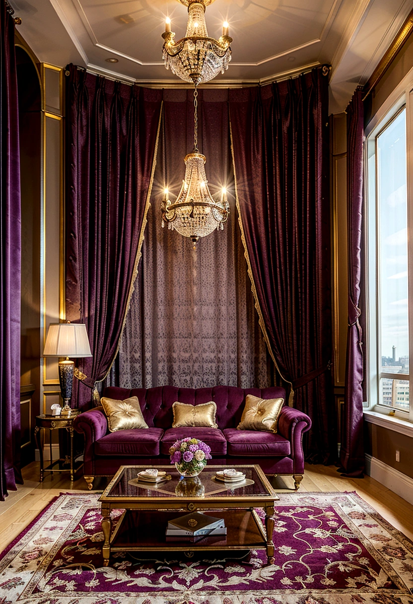 The image is of a luxurious living room with a stunning view of the city skyline. The room is decorated in a rich purple and gold color scheme, with plush velvet furniture and intricate gold accents. The centerpiece of the room is a large crystal chandelier, which hangs from the high ceiling and casts a warm glow over the space. The windows offer breathtaking views of the cityscape, which are framed by floor-to-ceiling curtains. The room is filled with luxurious details, such as a plush purple rug, a coffee table with gold accents, and a variety of decorative objects. The overall effect is one of opulence and refinement, making this a truly enviable living space.