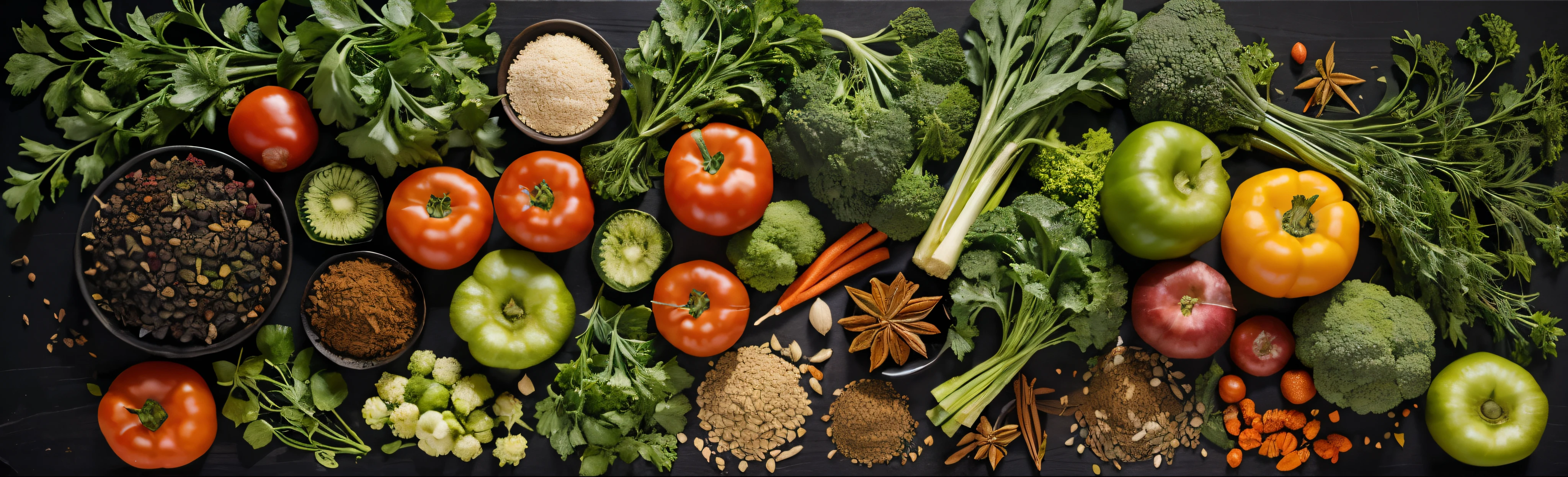 Fresh vegetables on black background. Variety of raw vegetables. Colorful various herbs and spices for cooking on dark background, copy space, banner