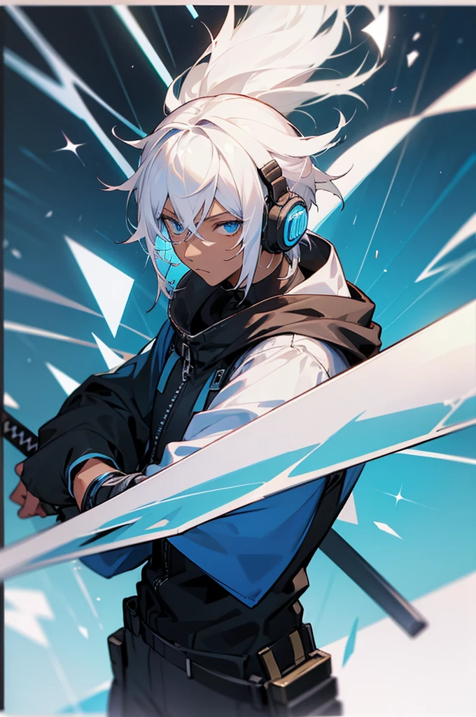 adult, Male, white hair, blue Eyes, African American skin color, black jumpsuit, headphones, Trion Body, Sword.