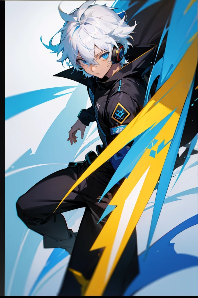 Young adult, Male, white hair, blue Eyes, African American skin color, black jumpsuit, headphones, Trion Body, Sword.