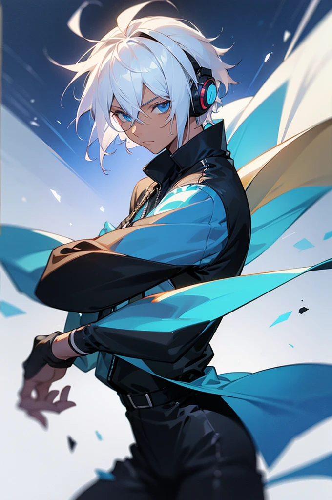 Young adult, Male, white hair, blue Eyes, African American skin color, black jumpsuit, headphones, Trion Body, Sword.