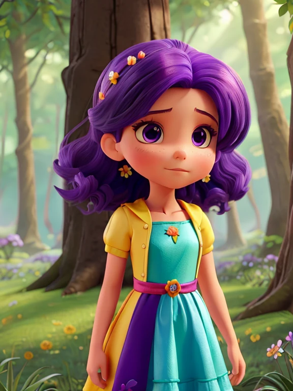 5 personas juntas emocioncitas de color verde su vestido y pelo, d color azul su vestido y pelo, e color rojo su vestido y pelo, a purple petal for her dress and hair, and a yellow petal for her dress and hair in a magical forest