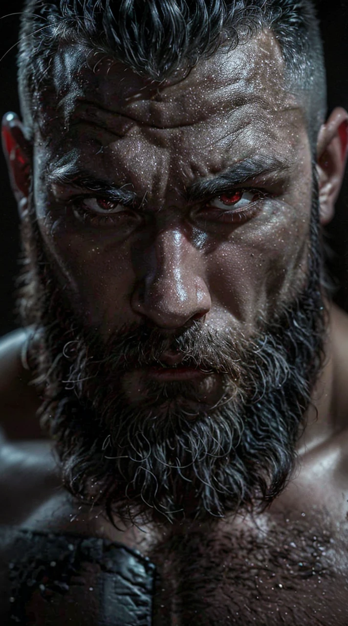 an exaggeratedly muscular and large man, handsome man, face, beard, red eyes, black background, black skin, full body aluminum --ar 9:16 --raw style