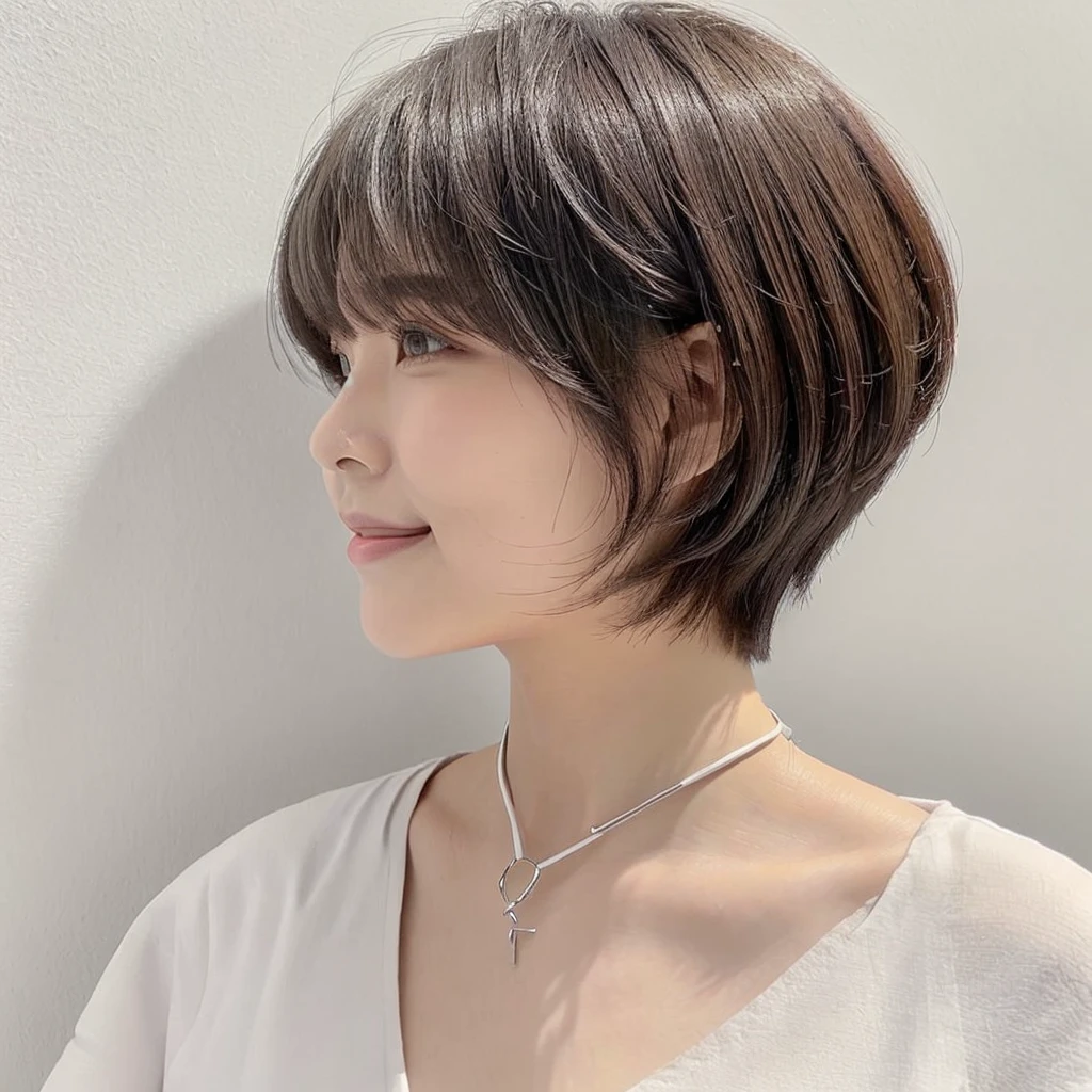 (short-hair:1.6)、(clean, Short hair:1.5)、Ear hook short、(Non-bouncing neckline:1.2)、The upper part of the body、 (1 Japan Woman:1.2)、With bangs、(tight shorthair:1.2)、hiquality、realphoto、(Shooting with iPhone 14 pro:1.1)、（(Plain light grey walls))、Photos that look like real people、(Grey white background:1.3)、tshirts、Fashionable clothes、Brown hair、sideways Facing、(profile:1.2)、(Face in the center of the photo:1.2)、(Take a step away:1.2)、(Beautiful eyes:1.1)、(A slight smil:1.1)、face angle(Face Angle Sideways))))、hair style、Beauty Salon、Korea Trends、