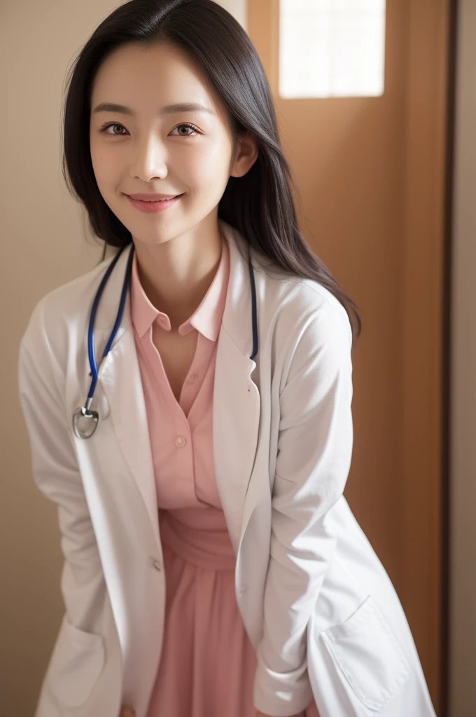 (masterpiece, best quality), 1girl, A beautiful slim Japanese woman, wearing ((white lab coat)), [[pink nurse outfit]], [stockings], (((fingersmile))), (cowboy shot), extremely detailed face and eyes, detailed facial features, intricate details, realistic, photorealistic, photo-realistic:1.37, best quality, 8k, masterpiece:1.2, ultra-detailed, vivid colors, studio lighting, physically-based rendering, ((perfect face)), hospital room