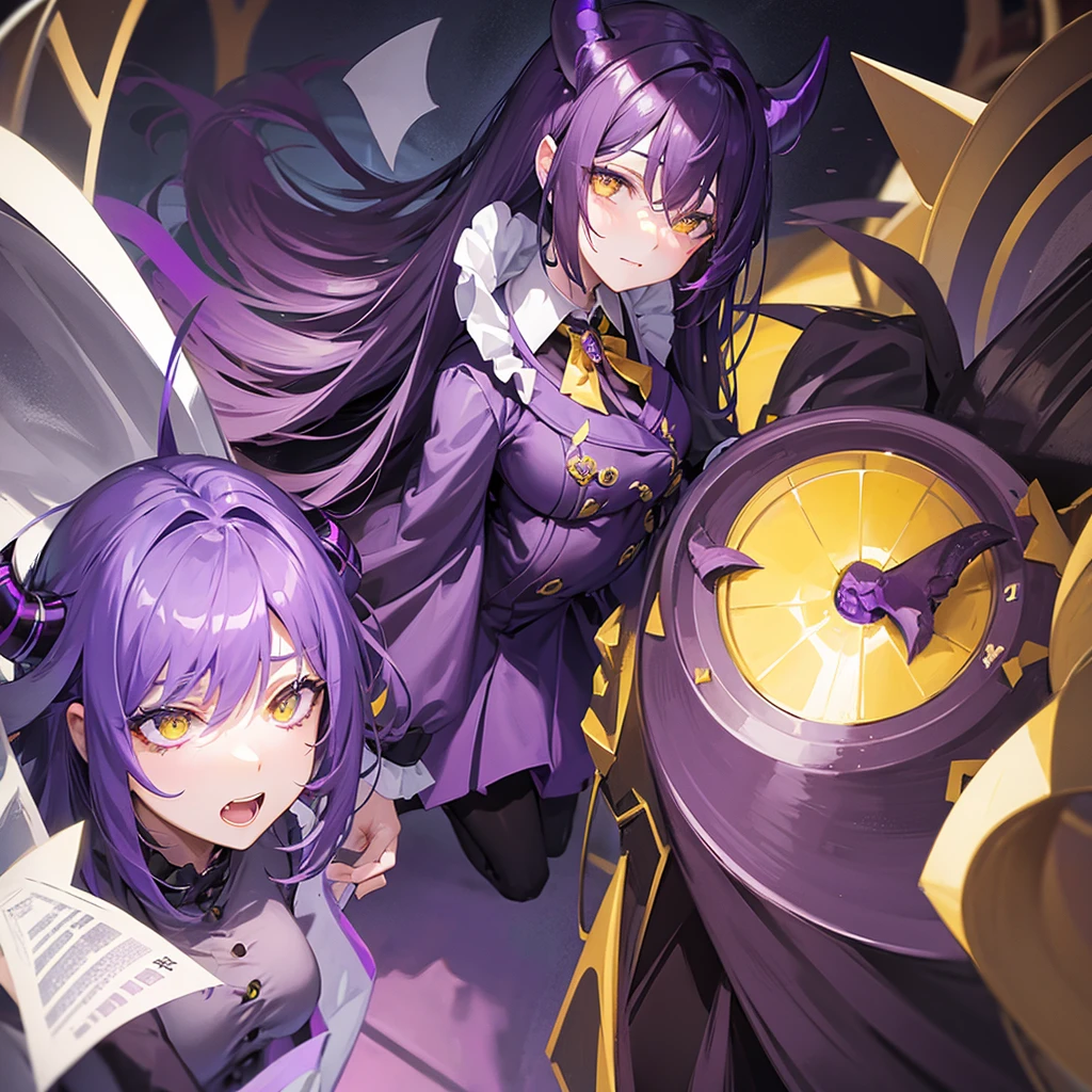 violet themed, demon, violet horns, big breasted, dark violet haired, long haired, dress, yellow eyes, stockings, tail, lustful, full view, yellow colar