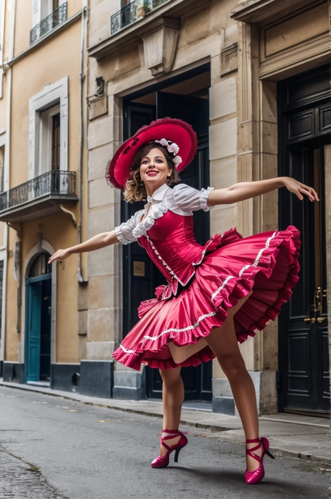 (medium full shot) of (flamboyant French cancan dancer) young woman, slim build, short dark pigtails hair, mexican, ebony skin, green eyes, wearing a pink maxi cancan dress with chic patterns, fishnet tights, dancing heels with theatrical accents, black eyeliner, chandelier earrings, frilly garter ornate hat, set in a classic performance at the Moulin Rouge, with dancers in vibrant costumes, a large stage, cheering spectatorsduring night, woman smiling, detailed face, ,Masterpiece,best quality, photo, realistic, very aesthetic,