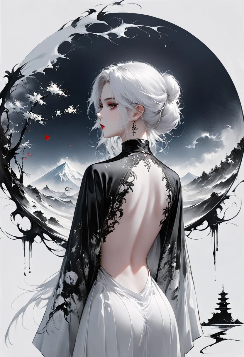 (Lots of white space:1.5)，(Lots of white space around:1.6), White background, simple, Minimalism, abstract,Freehand，Aesthetic，black and white，Ink Painting，antiquity，a mountain，一个远处的Back，(Back:1.7),A beautiful artistic illustration, author：Li Song, Arte no estilo de guweiz, arte shin jinyoung, Obra-prima de guweiz, Ross chart 1. 0, Beautiful digital illustrations, Inspired by non-WLOP, Cute and cute digital art, jingna zhang, guweiz, Stunning digital illustrations