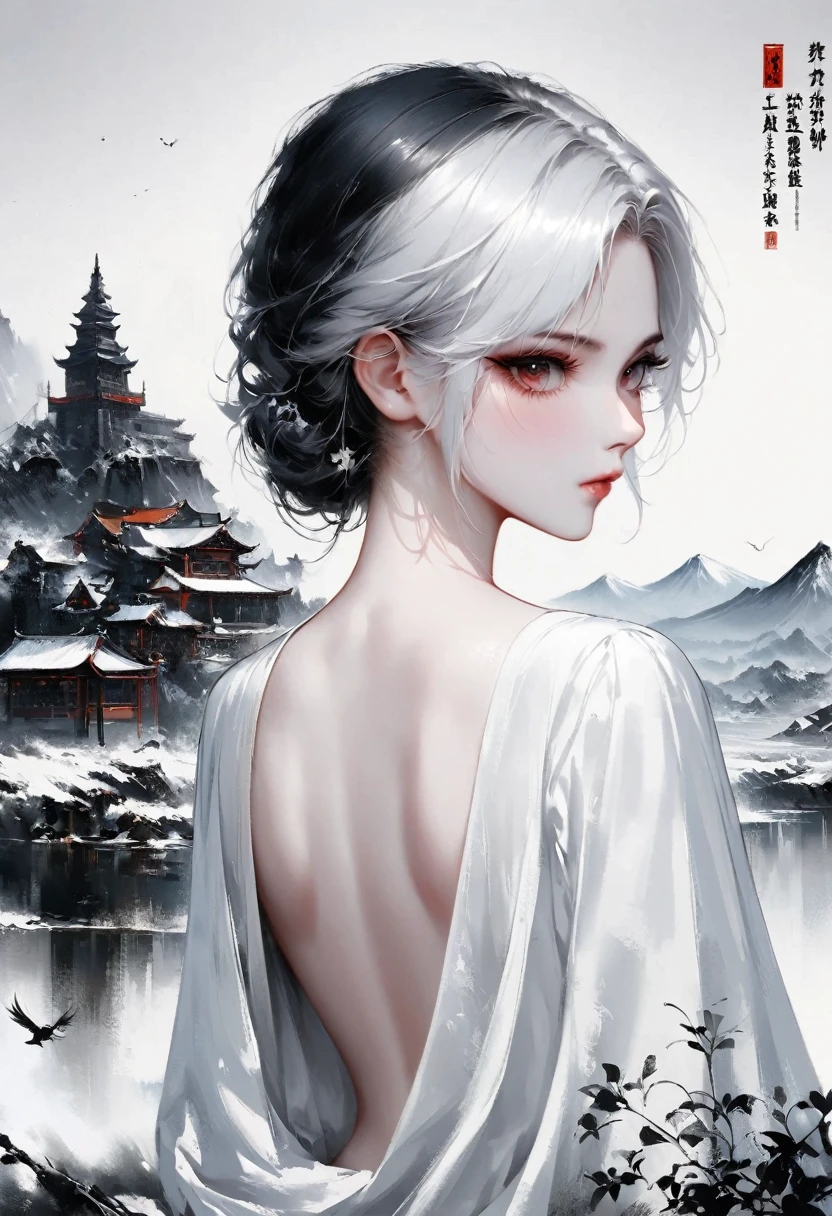 (Lots of white space:1.5),(Lots of white space around:1.6), White background, simple, Minimalism, abstract,Freehand,Aesthetic,black and white,Ink Painting,antiquity,a mountain,一个远处的Back,(Back:1.7),A beautiful artistic illustration, author:Li Song, Arte no estilo de guweiz, arte shin jinyoung, Obra-prima de guweiz, Ross chart 1. 0, Beautiful digital illustrations, Inspired by non-WLOP, Cute and cute digital art, jingna zhang, guweiz, Stunning digital illustrations