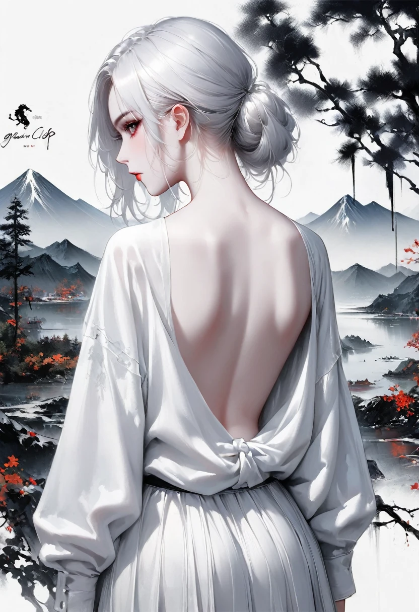 (masterpiece, best quality), 1girl, white hair, long hair, pink eyes, blossom, in hot springs, blossom, naked, in the , naked, facing backwards, two horn, tatto dragon, tatto back, black tatto, soak, tattoos all over the body,
