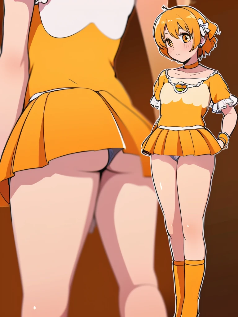 (masterpiece:1.2) , (highest quality:1.2) , (Super detailed:1.2), 2.5D,Very detailed,(figure), ((Very delicate and beautiful)),Very detailedな肌,Perfect Anatomy,girl,Sweat, blush, Narrow eyes, Open your mouth,White panties,Ass Focus,Pretty Cure, One side up, short hair, Hair Ribbon, Frills, Short sleeve, Wrist cuff, Orange Choker, Orange boots, Yellow Skirt,