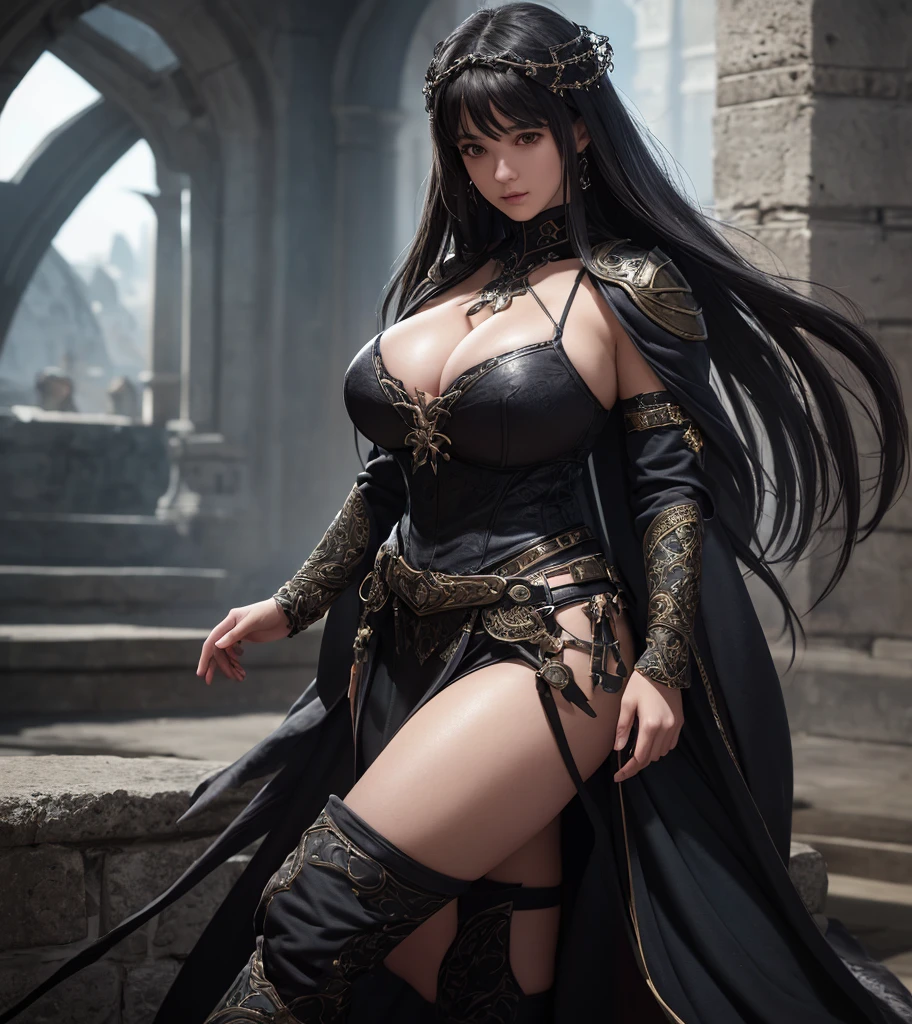 (((Solo character image.))) (((Generate a single character image.))) (((Dressed in medieval fantasy attire.))) Generate a beautiful and ravishing sorceress for a medieval fantasy setting. (((Large chest, thicc body. PAWG.))) She is alluring, exotic, and beautiful with a full figure. Lusty smirk, intense gaze, with sexy features. ultra detailed, epic masterpiece, ultra detailed, intricate details, digital art, unreal engine, 8k, ultra HD, centered image award winning, fantasy art concept, digital art, centered image, flirty, best quality:1.0,hyperealistic:1.0,photorealistic:1.0,madly detailed CG unity 8k wallpaper:1.0,masterpiece:1.3,madly detailed photo:1.2, hyper-realistic lifelike texture:1.4, picture-perfect:1.0,8k, HQ,best quality:1.0,