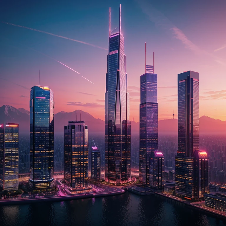 Futuristic city at sunset, tall glass and steel skyscrapers, floating ...