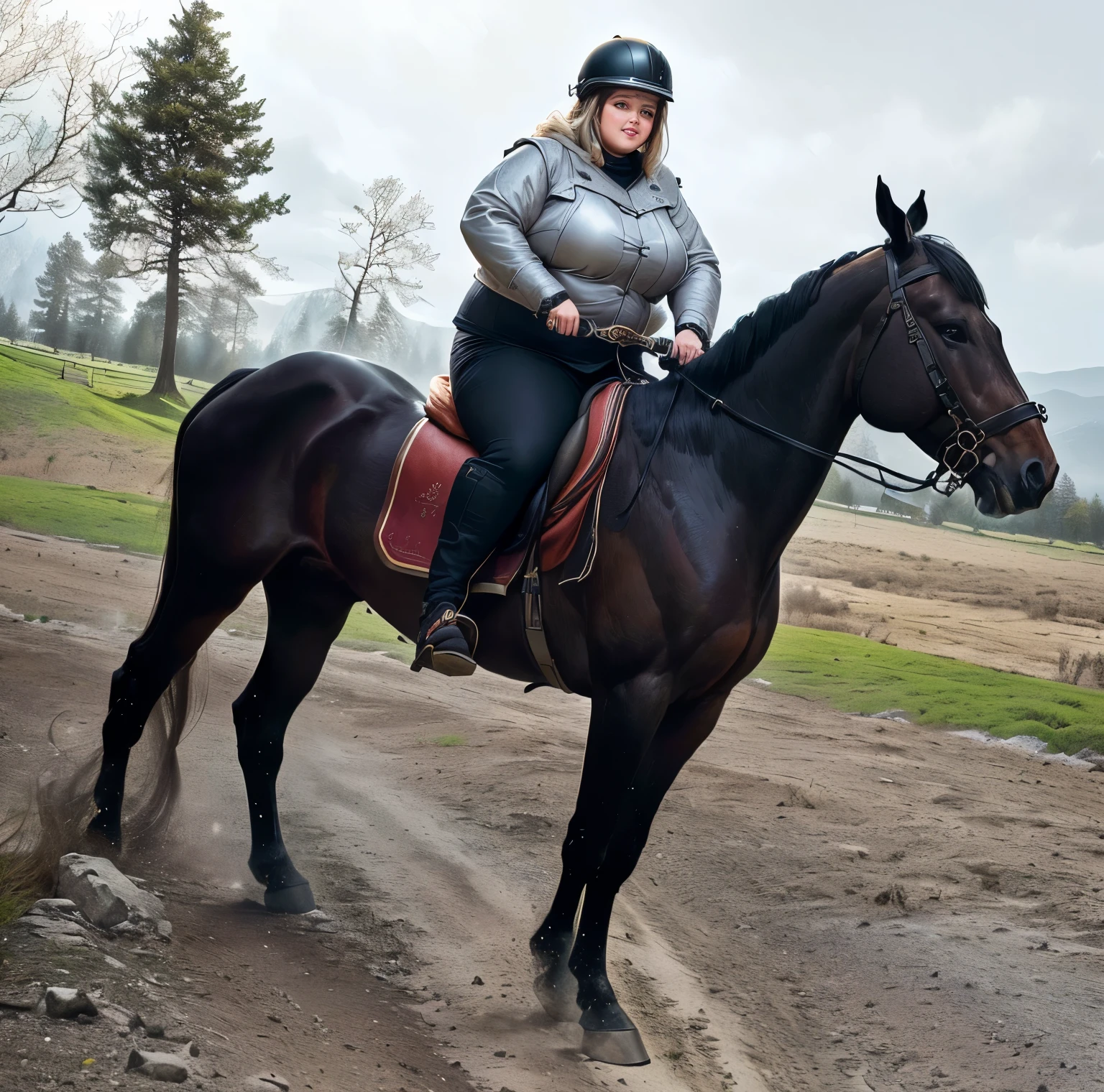 photo realism. A fat woman is sitting on a dark brown horse , wearing a helmet and a grey jacket . She is holding a bridle and appears to be enjoying her time on the horse. rideing in a magic forest. cinematic, light film, hyper detailed, hyper realistic, masterful work, atmospheric, high resolution . 8k, HDR, 500px, mysterious and ornate digital art, photic, intricate, fantasy aesthetic + 8k
