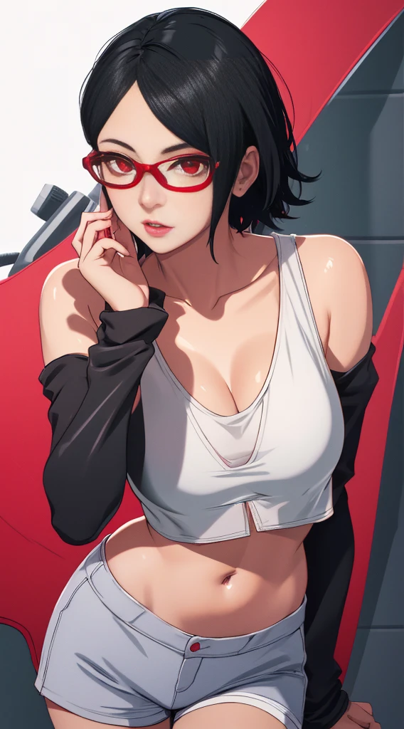 1girl, solo, black hair, short hair, Red eyes, frameless glasses. In a white bra// dolphin shorts, small shorts, closeup shot,, detailed art. Curved hips, Thick thighs,, bare shoulders, scary basement background,, facing viewer, hands on hips, shiny hair, hips. Dark pink painted lips, wet skin, (extremely detailed face), behind, 8K resolution, super detailed, high quality,, heart shaped lips. K-pop pose