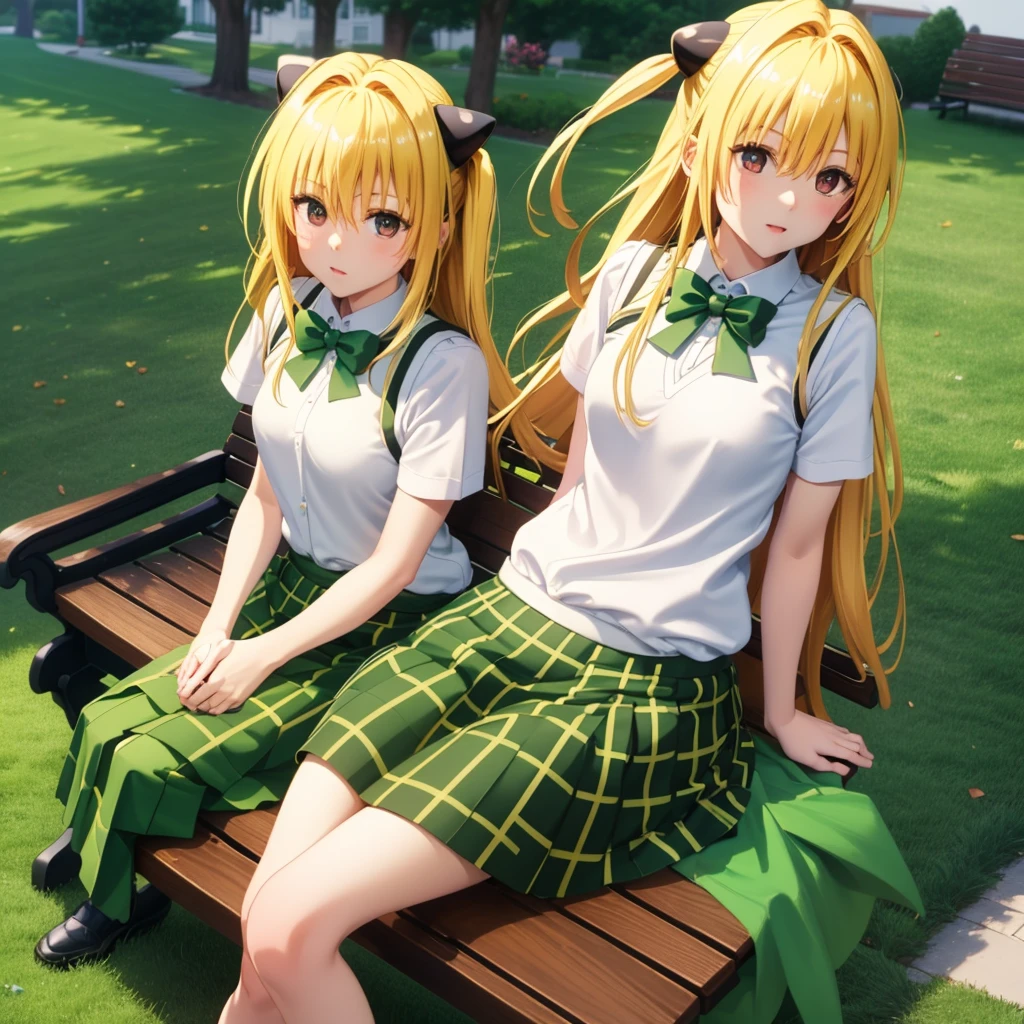 masterpiece, best quality, highres, aayami, very long hair, two side up, hair ornament, , green bowtie, white shirt, sweater vest, yellow vest, short sleeves, plaid skirt, green skirt, outdoors, sitting, bench, book, :o, holding book,