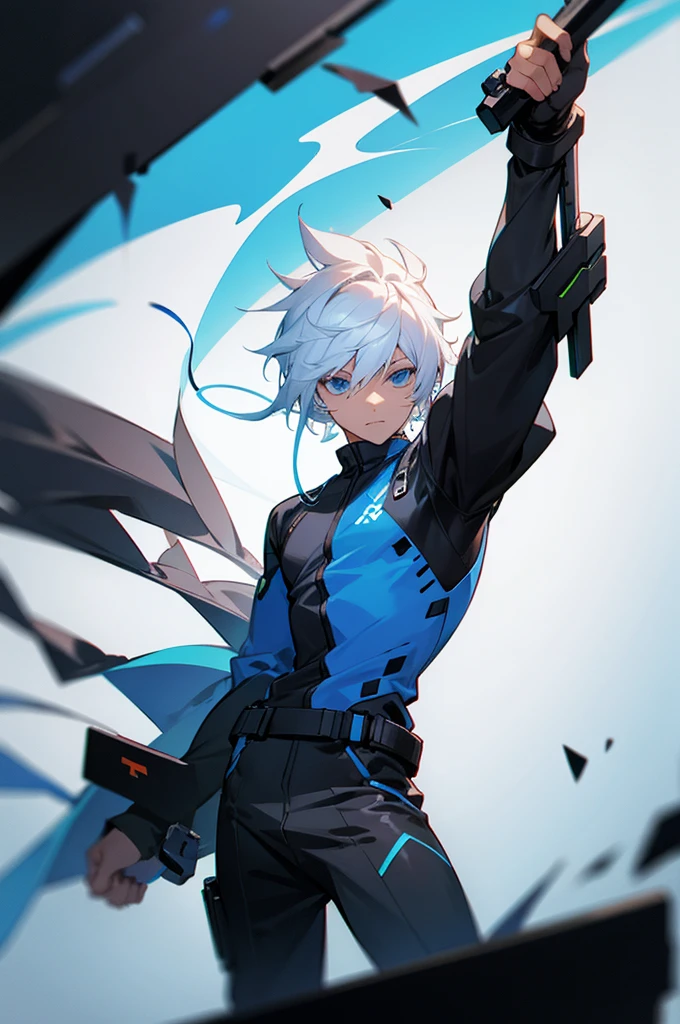 Young adult, Male, white hair, blue Eyes, African American skin color, black jumpsuit, headphones, Trion Body, Armed.