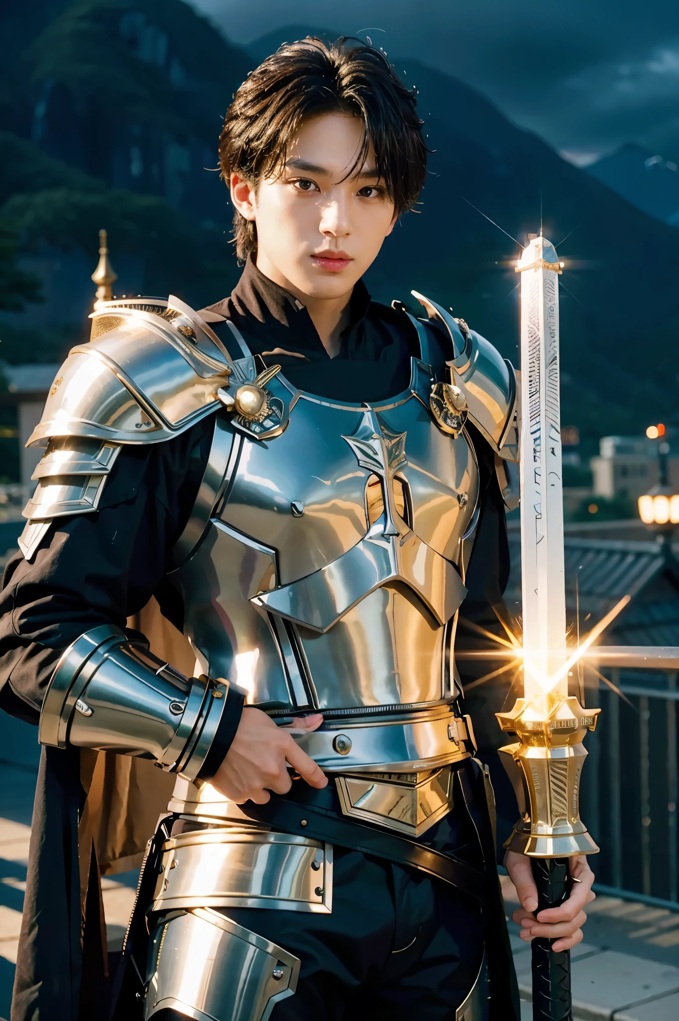 (masterpiece, best quality), A paladin holding a light infused sword, light magic, divine, magewave, silver and gold, 4k, dark cityscape, Fujifilm, 1man, 