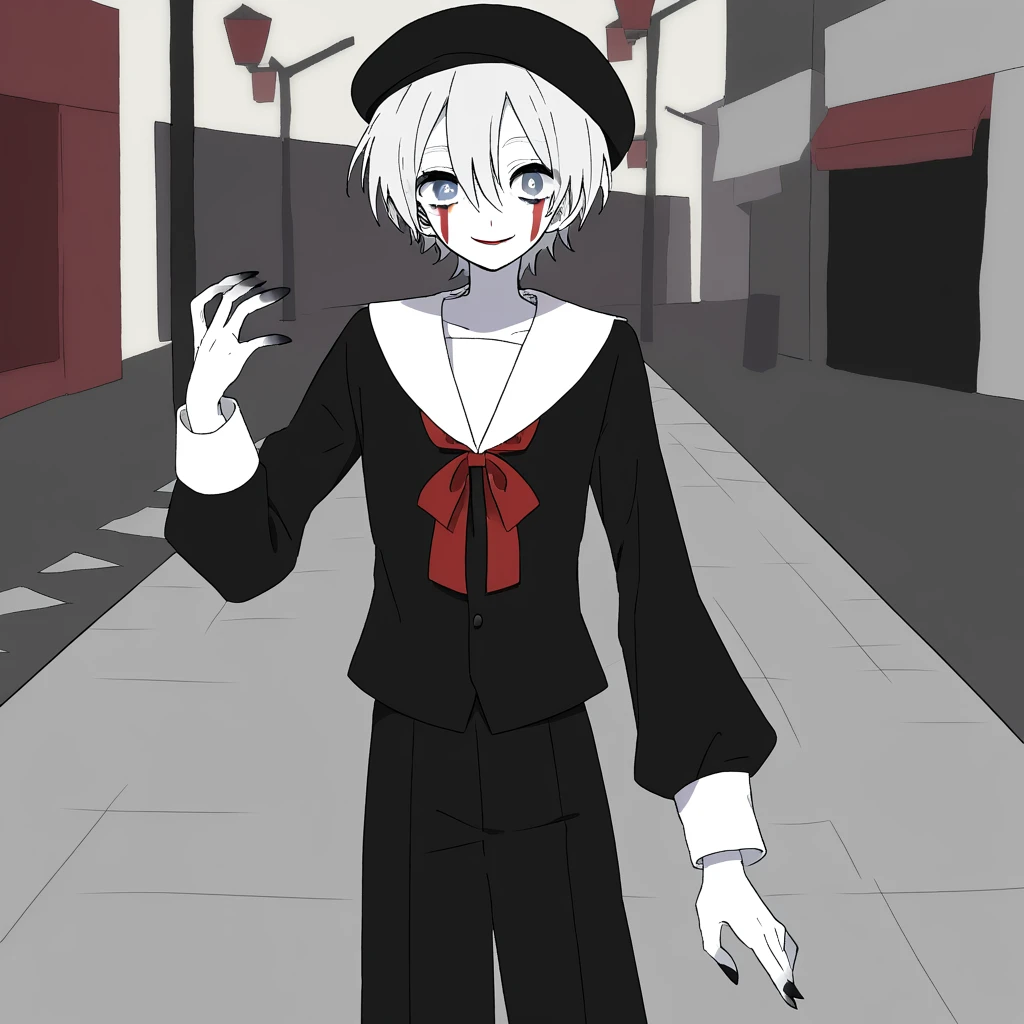 a very happy skinny boy dressed up as a mime, wearing mime makeup, has dark blue eyes, wearing a beret, performing on the streets