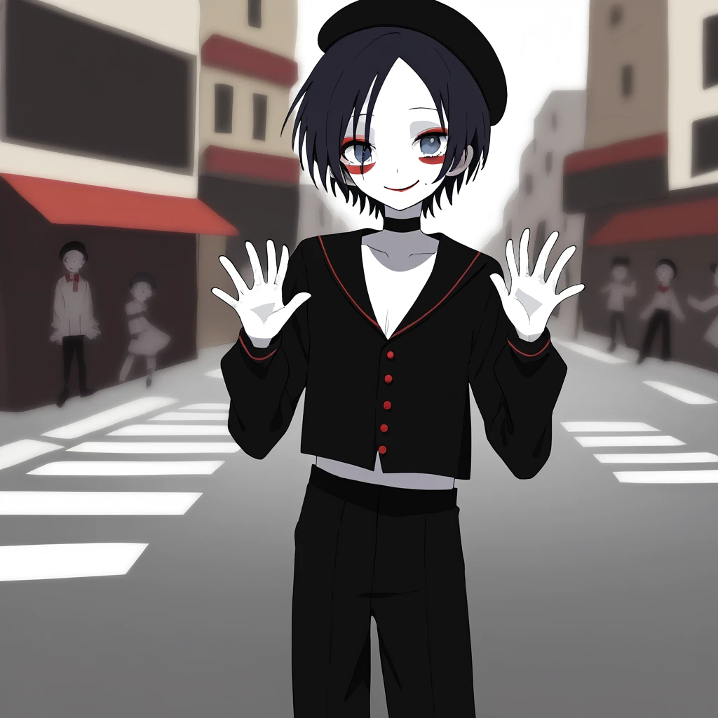 a very happy skinny boy dressed up as a mime, wearing mime makeup, has dark blue eyes, wearing a beret, performing on the streets