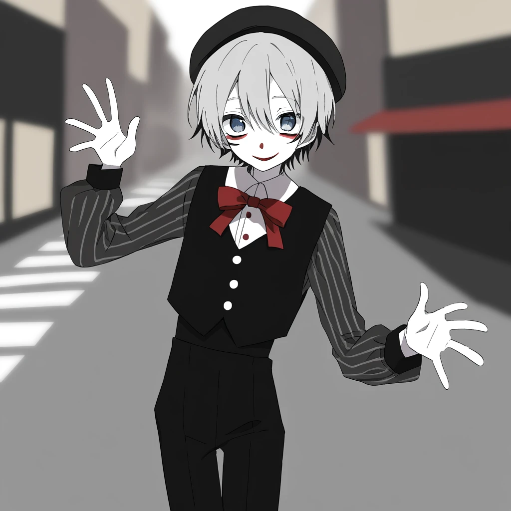 a very happy skinny boy dressed up as a mime, wearing mime makeup, has dark blue eyes, wearing a beret, performing on the streets