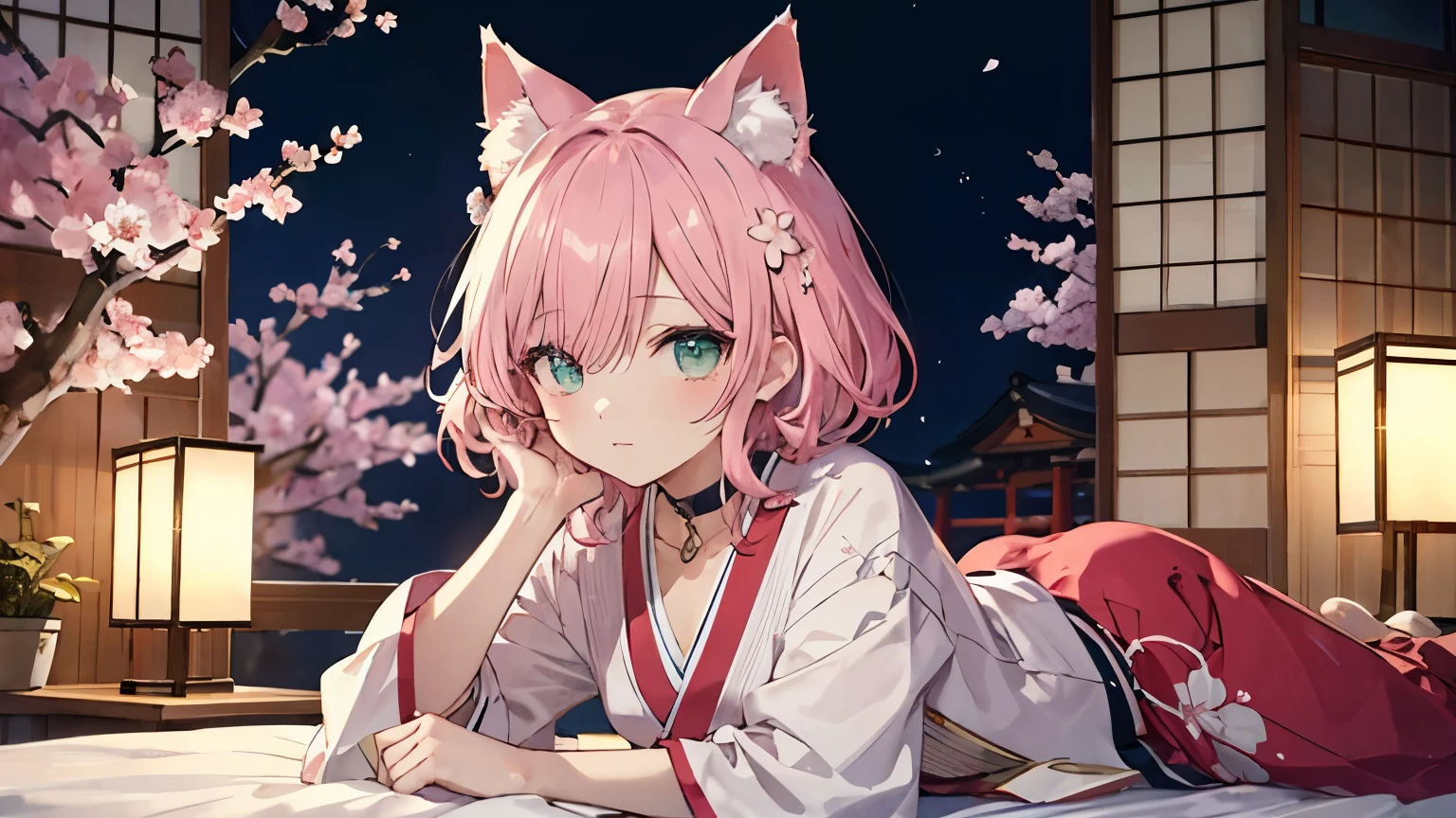 ((highest quality)), ((masterpiece)), (detailed), "Japanese-style room at home with night atmosphere、Cherry blossoms scattered all over、Soft lamp light、ASMR wind、Pink Hair、Cat ear、male、Left eye is pink, right eye is green、choker、A character wearing a traditional Japanese suit、The face is facing forward and there is only one person、The character is lying down、It's lying on its side, covering the screen."
