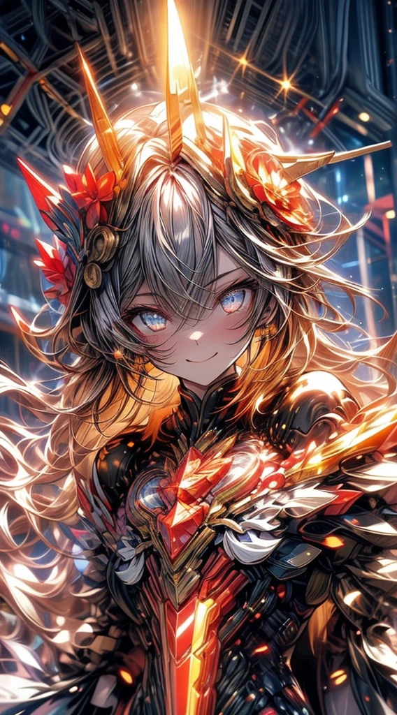 1girl, Kaelara Sundancer, 25, Flamara user, dancing in a warm aurora lights setting, surrounded by subtle flames, wearing a flame-patterned costume with flowing, curly brown hair, warm smile, and sparkling eyes, low-res fire effects in the background, dynamic pose, (close-up face), (gentle expressions), (warm atmosphere), (soft lighting), (outdoor-seeming setting), (high contrast), (defined subject)