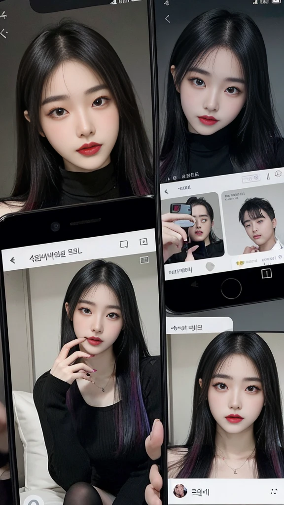 (high quality), (SFW), (vertical split screen:1.6), (various scean:1.5), (A mature prostitute girl enjoying with a smartphone chat app with a number of Korean adult guys : 1.6), (the girl has gorgeously dyed hair and pretty face makeup : 1.4), (she is wears a feminine dress and stockings and strappy high heels as she sits on her bed and chats with a number of man in online.), Her smartphone display shows a number of Korean adult man, who ask the woman to chat., Their chat language is English, the guy is waiting for her response, showed each popup window, chatting logs, Online Profiles and Photos, And the man is requesting a chat with her on the smartphone screen. He and she take turns sending messages on the chat app, her time is night,