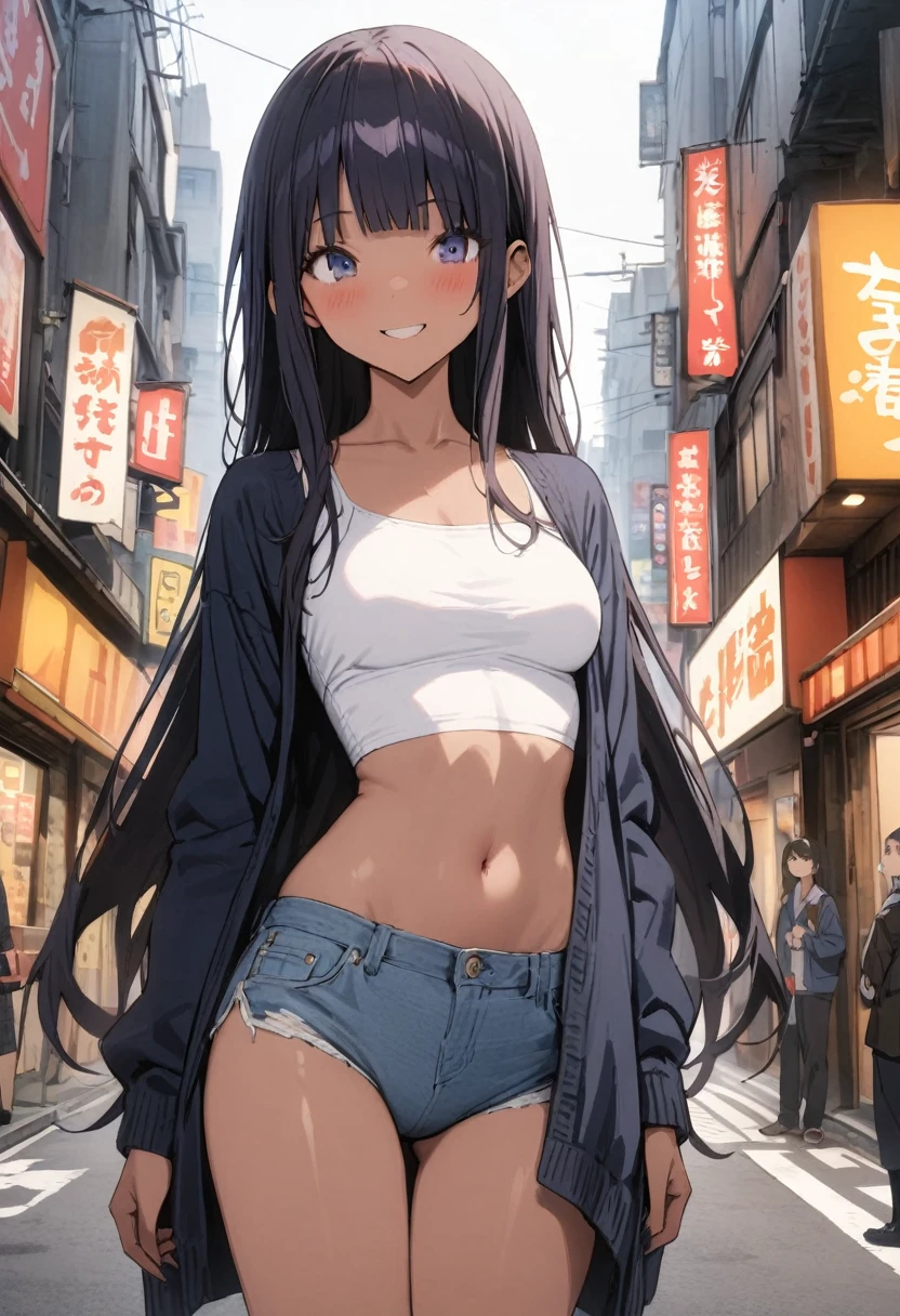 (((masterpiece, highest quality:1.3,absurdres))),25 year old beauty,solo,((very small head:1.2)),long hair,bangs,dark blue hair,dark blue eyes,gorgeous eyes,blush,smile,medium breasts,((very long body:1.2)),((toned body,slender body)),skinny,tan skin,gleaming skin,shiny skin,((Denim hot pants)),((dark blue cardigan、White tube top,navel)),on street,Tokyo、