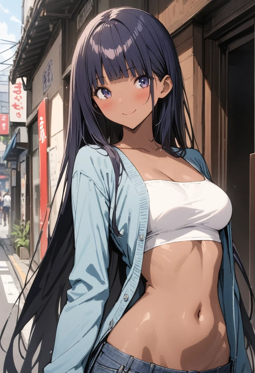 (((masterpiece, highest quality:1.3,absurdres))),25 year old beauty,solo,((very small head:1.2)),long hair,bangs,dark blue hair,dark blue eyes,gorgeous eyes,blush,smile,medium breasts,((very long body:1.2)),((toned body,slender body)),skinny,tan skin,gleaming skin,shiny skin,((Denim hot pants)),((dark blue cardigan、White tube top,navel)),on street,Tokyo、