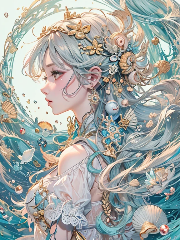 Official art, unity 8k wallpaper, Super detailed, beautifully、Aesthetically beautiful, masterpiece, highest quality, (Zentangle, Mandala, indices, mesh), (Fractal Art: 1.3), 1,Oceanの女神 (Hairstyle: Long Hair) Ocean, Very detailed, Dynamic English, Cowboy Shot, The most beautiful form of chaos, elegant, Brutalist design, Bright colors, Romanticism, Oceanの泡, bubble, shell, fish, Pearl Fairytale Pastel color Warm and gentle expression Facing forward with head tilted
