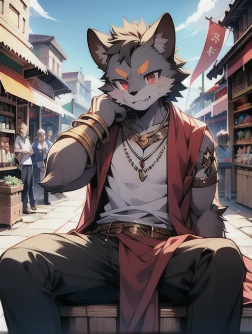 rest, Master masterpieces, high resolution, 8k, Detailed background, high quality, rest, rest, (fur, Black sclera, red eyes, 蓬松的fur, 细致的fur)) hairy, shattered, male, boys, humanoid, fig leaves, loincloth (Ancient Greek architecture, market, necklace, bracelet), alone