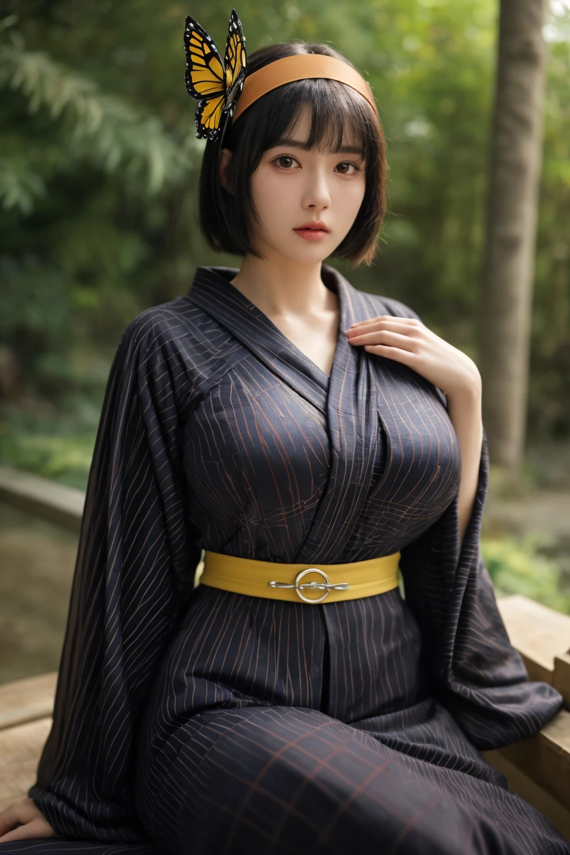 Araffe woman in a kimono sitting on a bench with a butterfly on her ...