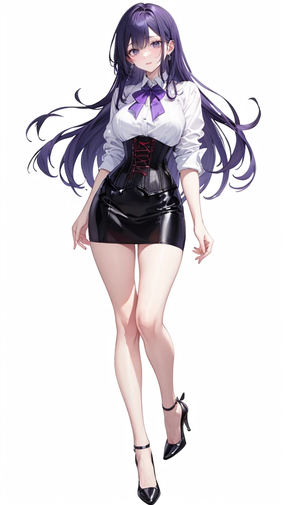 Purple Hair,Long Hair,Adult female,White Y-shirt,((Roll up her sleeves)),(corset),(Black tight skirt),(High heels),((A simple, blank white background)),smile,((full body)),((whole body)),