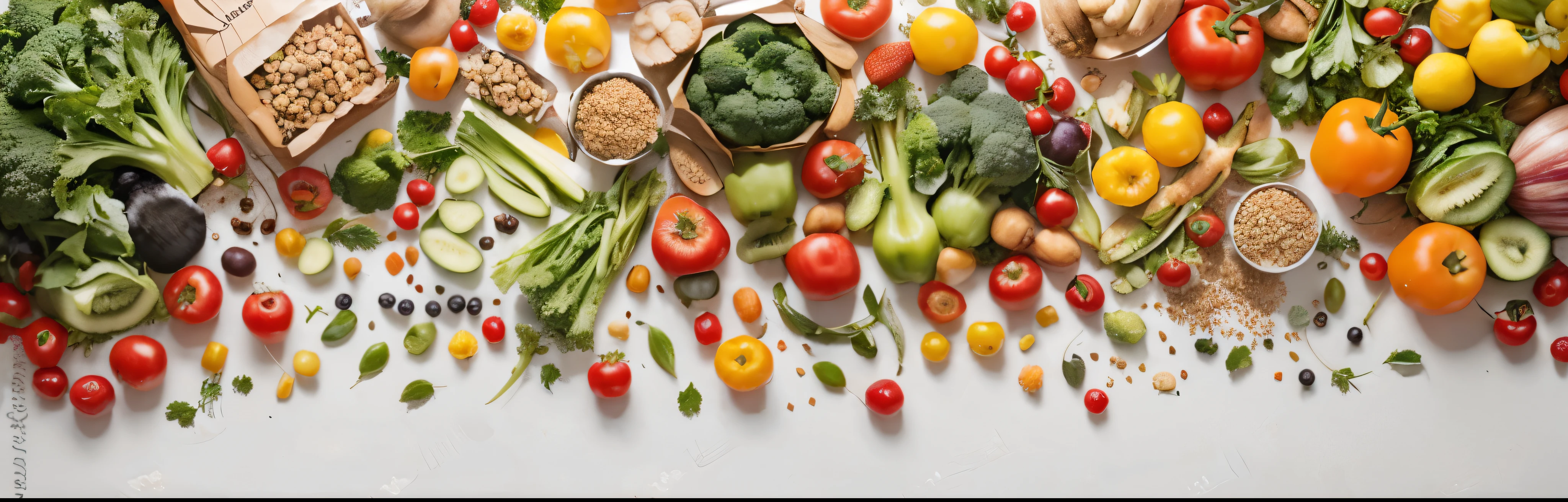 PrintBanner from various vegetables and fruits isolated on white background, top view, creative flat layout. Concept of healthy eating, food background. Frame of vegetables with space for text.